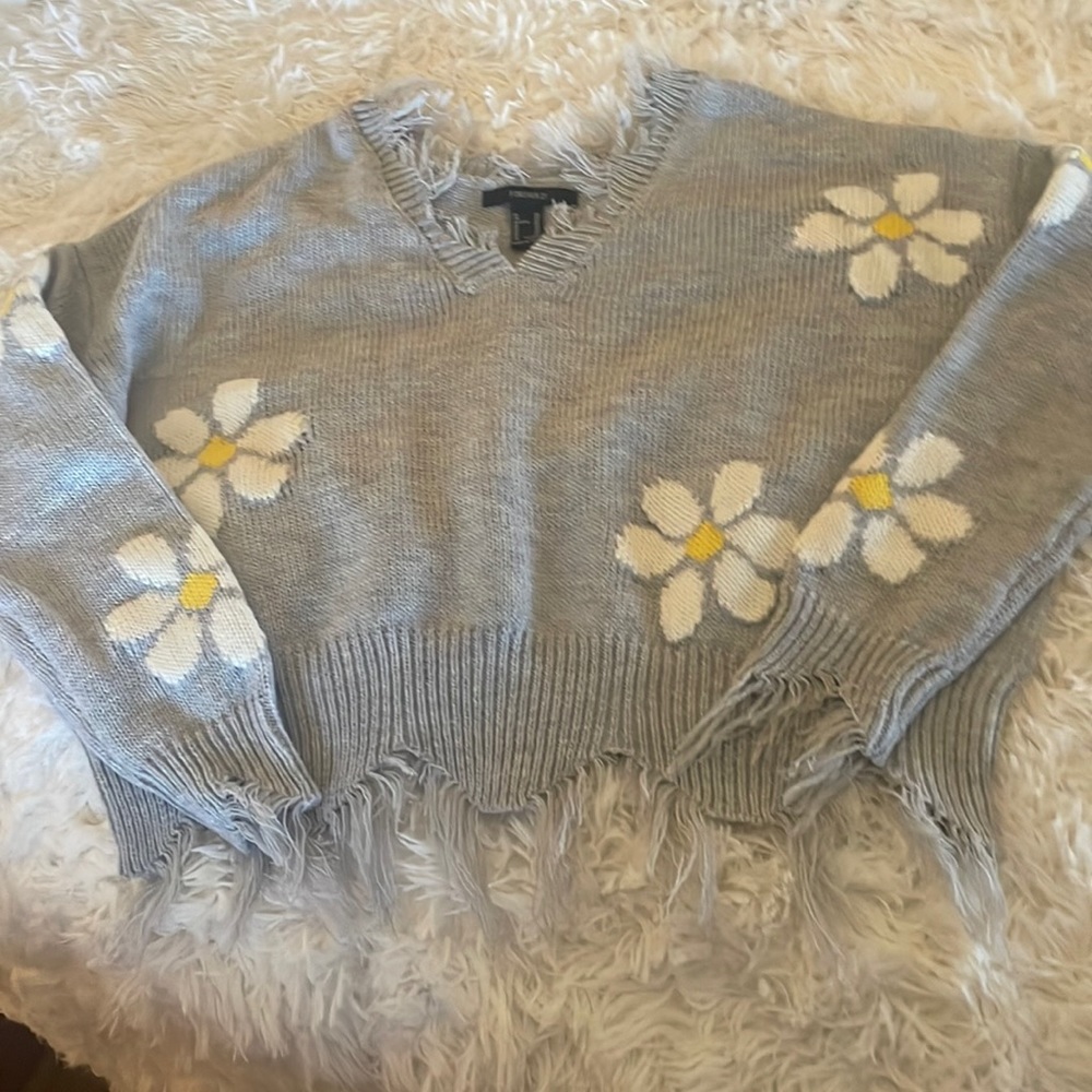 Grey distressed daisy sweater